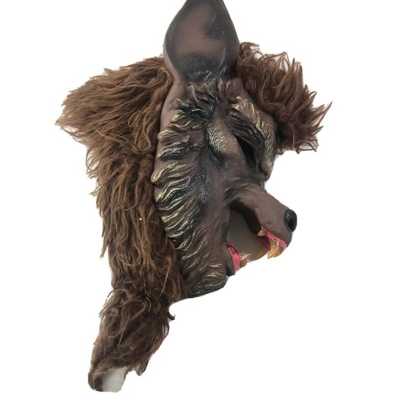 Scary Werewolf Mask Full Head Mask Adult Size Latex Face With Brown Fur Fangs - Picture 9 of 12